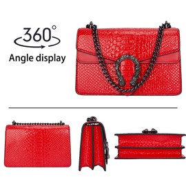 Crossbody Handbags for Women Snake Print Leather Shoulder Bag Chain Purse Satchel Evening Bag(New Red)