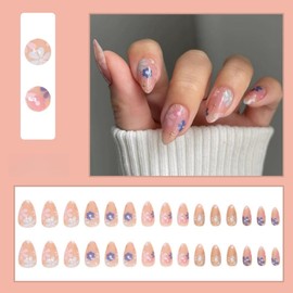 KQueenest 30 Stück Blumen Nägel zum Aufkleben Kurz Mandel - Nude Rosa Press On Nails mit Blau Weiß Blumig Gestaltung Full Cover Natürlich Nude Fake Nails Künstliche Fingernägel für Frauen