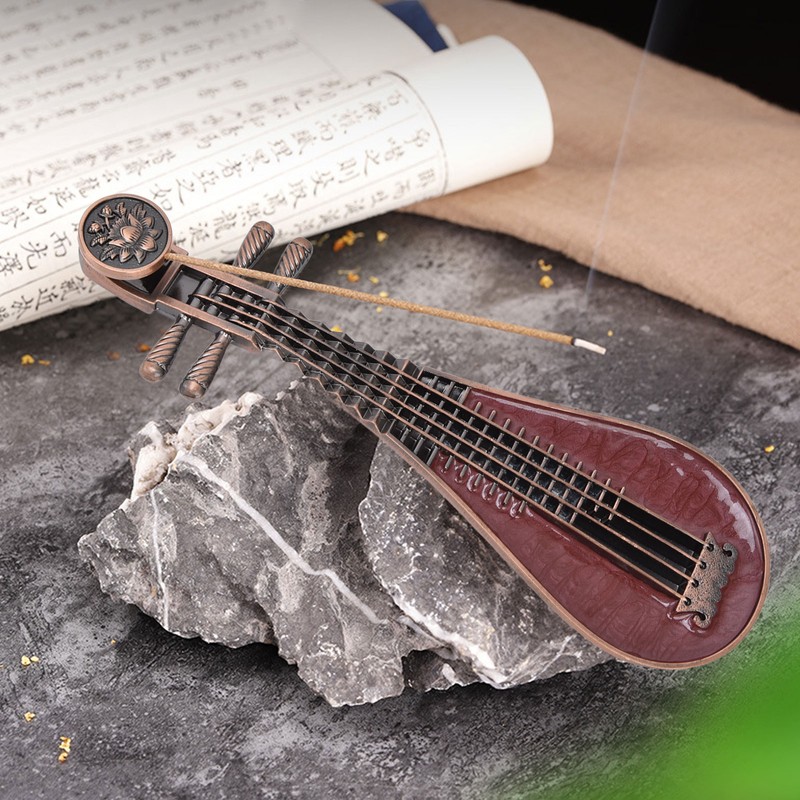 Incense Burner Holder Unique Chinese Lute Design Premium Copper Sturdy
