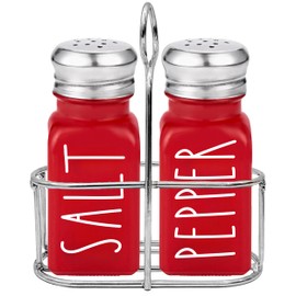 Red Salt and Pepper Shakers Set with Holder by Brighter Barns - Dining Table Decor, Modern Farmhouse Kitchen Decor - Christmas Salt and Pepper Shakers with Caddy for Restaurant, RV, Airbnb, Gift (Red)