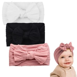 QZKJQDD Pack of 3 Baby Girls' Headbands, Children's Bow Headband, Hair Band, Baby Girl, Elastic Headband, Suitable for Toddlers and Newborns (Pink, Black, White), White, black, pink