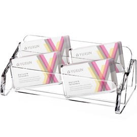 YUXUN Horizontal Business Card Holder,Acrylic Business Card Stand for Desk ,Clear Cards Display Holder for Exhibition Home Office ,Slanting Name Card Stand,200 Cards Capacity,2 Tier4 Slots