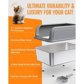 Powools Stainless Steel Cat Litter Box, Metal Kitty Litter Box with Scoop, Anti-Leakage Top Entry, Non-Sticky, Easy to Clean, Grey, 15.8" × 23.6" × 10.9"