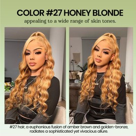 ALHER 10A Honey Blonde Body Wave Human Hair Bundles with Closure, Color #27 Sun-kissed Vibe Golden Blonde Body Wave HD Transparent 4x4 Closure with 3 Bundles Soft Thick Sew In Weave Wavy 14 16 18 +14
