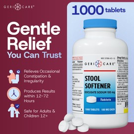 GeriCare Docusate Sodium Stool Softeners, Best Stool Softener for Daily use for Women, Men, and Elderly - Ideal for Constipation Relief 100mg Crushable Tablets. (1000 Count) Made in The USA.