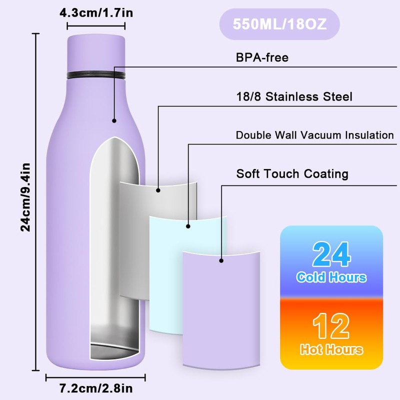 flintronic 550ml Water Bottles with Strap,Double Wall Vacuum Insulated Water