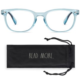 Rae Dunn "JUDY Blue Light Blocking Reading Glasses w/READ MORE Signature Font Microfiber Case (Crystal Dusty Blue, 1.5)