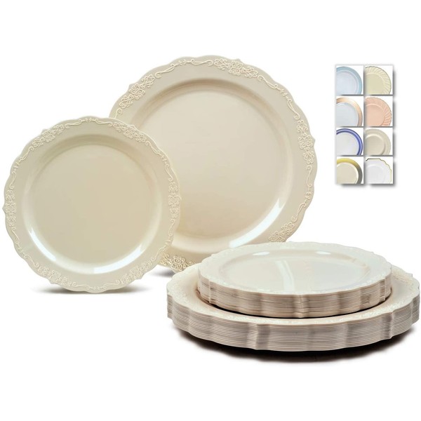 " OCCASIONS" 120 Plates Pack,(60 Guests) Vintage Wedding Party Disposable Plastic Plates Set -60 x 10'' Dinner + 60 x 7.5'' Salad/Dessert (Verona Plain Ivory)