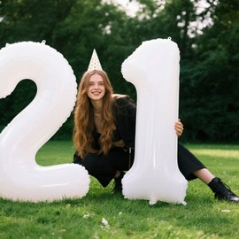 40 Inch White Number 21 Digital Balloon,Jumbo Mylar Foil Helium Balloon for 21 Balloons for Birthday Party,Wedding Anniversary Party Decorations