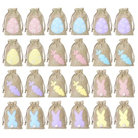 Yookat 24 Pieces Easter Burlap Bags Easter Burlap Drawstring Bags Easter Burlap Bags with Drawstring Easter Gift Bags Easter Goody Bags Burlap Easter Bags for Easter Party (24)