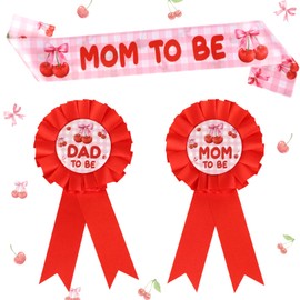 Fangleland Cherry Bow Baby Shower Decorations, Mom and Dad to Be Tinplate Badge Pins Red Cherry Theme Mom to Be Sash Gender Reveal Party Favors for Welcome Baby Girl