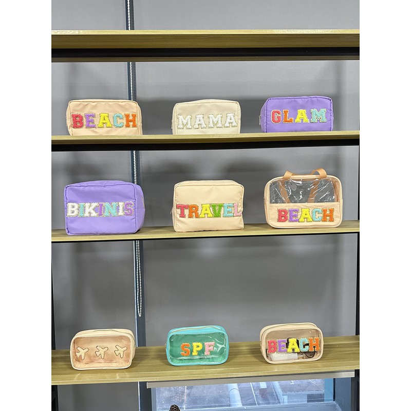 Clear Makeup Letter Bag with Chenille Letter Patch and Glitter