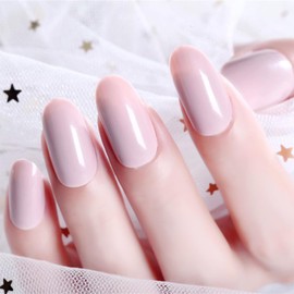 Pufandor Short Press on Nails Round Shape Fake Nails Nude Grey Pink Press on Nails Almond Glossy False Nails for Women 24Pcs
