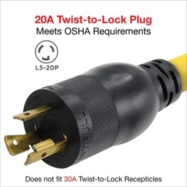 Clear Power 20Amp 2ft(Short) 3 Outlet Extra Heavy Duty Generator Extension Cord Adapter with W Splitter, 20Amp 3 Prong Twist Lock Plug, Water & Weather Resistant, Flame Retardant, Yellow, DCAC-0066-DC