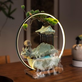 Desk Water Fountain Tabletop Indoor Waterfall Fountain with LED Light Mist Elegant Relaxation Desktop Fountain Decor with Solid Wood Base and Artificial Plant for Home Office Bedroom Desk Decoration