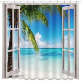 MEHOFOND Summer Beach Shower Curtain Tropical Island Palm Trees Ocean White Wooden Windows Waterproof Polyester Balcony Seascape Shower Curtain Set with Hooks Bathroom Decoration 72"x72"