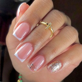 White French Tip Press On Nails - Short Square Fake Nails Glitter Glue On Pink Full Cover False Nails - Glossy Stick Ons for Women Girls - 24 Pcs