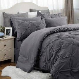 TRP 7 Piece Bed in Bag All Seasons Fluffy Comforter Set Cal.King Size | Pretty Pintuck Pinch Pleat Geometric Pattern Shabby Chic Bedding | Charcoal Gray Color Soft Plush Cozy Feel Farmhouse Look