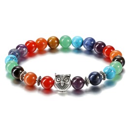 GEHECRST Jewellery 7 Chakra Bracelet for Men and Women, Natural Stone Bracelet with Owl Pattern, Yoga Bracelet, Obsidian Amethyst Bracelet, Healing Reiki Bracelets, 8 mm Beads, Stone