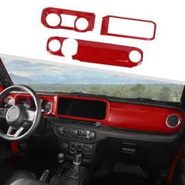 Jimen Fit for Jeep Wrangler JL JLU & Gladiator JT 2024-2025, 4PCS Center Console Dash Trim & Dashboard Cover Navigation Panel Interior Overlay (Red)