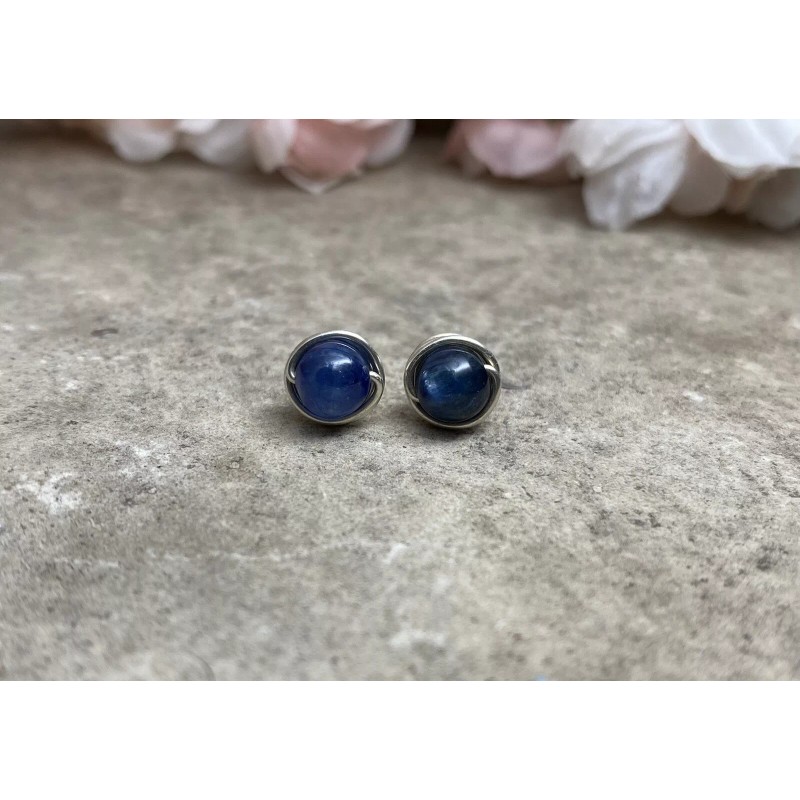 Handmade Sterling Silver Kyanite Stud Earrings, Blue Gemstone Post Earrings