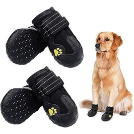 HuaTek Dog Boots, Dog Shoes, Waterproof Dog Boots, Dog Outdoor Shoes for Medium to Large Dogs with Two Reflective Fastening Straps and Rugged Anti-Slip Sole (Black 4PCS).