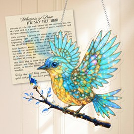 Crystal Sky Bluebird Stained Acrylic Ornament (8 Inch) – Double-Sided Sun Catcher for Window, Garden, Indoor Decor – Stained Glass Look Blue Bird Hanging Decoration (Bird 1)