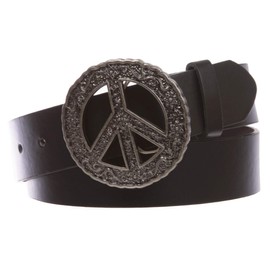 1 1/2" Snap On Belt With Round Perforated Floral Engraving Peace Sign Belt Buckle, Black | l - 35"~37"