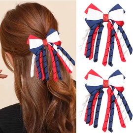 2PCS 4th of July Cheer Hair Bows 8inch 4th of July Independence Day Ponytail Holder Hair Ties Patriotic Flag Festival Hair Bow With Elastic Ponytail Holder Stars and Stripes Hair Tie Band