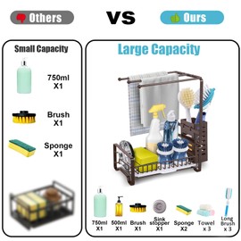 Bomclap Sink Organiser, Sponge Holder for Kitchen Sink with Drain Pan, Stainless Steel Sink Caddy Organiser for Kitchen, Sink Organiser Utensils Basket for Tea Towel Sponges Brush (Brown)