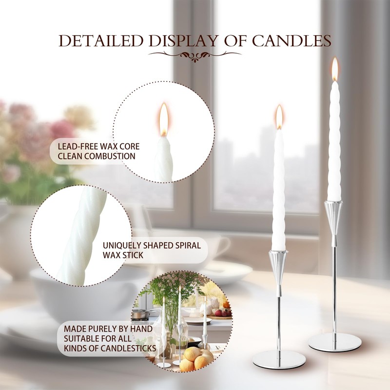 Silver Taper Candlestick Holders Set of 6 with Candles