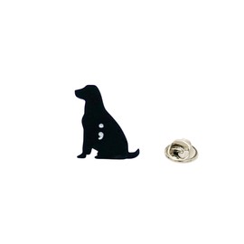 Black Dog Semicolon Lapel Pin Badge. Hand Painted Acrylic With Silver Letters