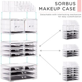 Sorbus Large Makeup Organizer - Clear Stackable Jewelry Makeup Organizer for Vanity, Bathroom Storage Display Case - 12 Drawers Cosmetic Beauty Organizers and Storage with Lipstick Makeup Brush Holder