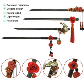 Set of 4 wooden hair pins, Chinese Japanese hair sticks, vintage flower hair sticks