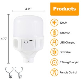 PASSICA DECOR 2 Pack USB Rechargeable LED Light Bulbs with Remote Controller,Dimmable Battery Operated Emergency Bulb for Power Outage,No Hardwired Home,Outdoor Activities