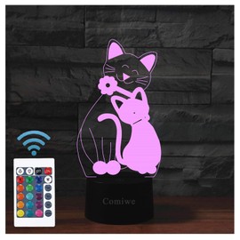 Comiwe Katze (B) 3D Illusion Nachtlicht Spielzeug,Dekoration LED Nachttischlampe 16 Farben Ändern mit Fernbedienung,Weihnachten Deko Lampe Geburtstagsgeschenk Für Mädchen Jungen Kinder und Freunde