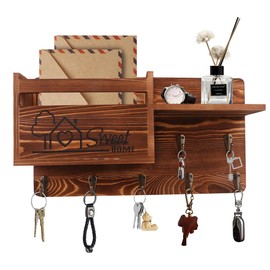 Gocokia Key Hanger Organizer, Mail and Key Holder for Wall Decoration, Wall Shelf with 7 Key Hooks, Wall Mounted, Key Hanger with Mailbox, Home Decoration (Brown)