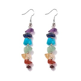 7 Chakra Stone Long Drop Dangle Earrings Colorful Necklace Set Crystal Hook Reiki Healing Beads for Women Yoga Energy Balancing Jewelry-Earrings