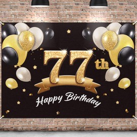 PAKBOOM Happy 77th Birthday Banner Backdrop - 77 Birthday Party Decorations Supplies for Men - Black Gold 4 x 6ft