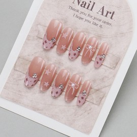 Hkanlre Gold Fake Nails Tips French Bow Press on Nails Full Cover Medium False Gradient Almond Nails for Women 24PCS