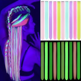 10PCS Glow in the Dark Hair Extensions 20inch Colorful Clip In Hair Extension Multicolor Glow in the Dark Hair Accessories