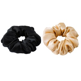 100% Silk Scrunchies for hair, JOYCHER Hair Scrunchies 2 Pack, 100% Pure Mulberry Silk Hair Ties Hair Bands for Women, Girls, Thick Curly Hair No Crease Soft & Less Pulling-Black, Champagne