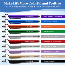 Sayglossy 100 Pcs Inspirational Pens Bulk Motivational Ballpoint Pen with Writing Touch Screen and Mobile Phone Stand 3-in-1 for Office School Supplies Inspirational Gifts (Multicolor)