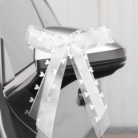 Fesaizwi Pack of 50 Car Bows Wedding - White with Hearts Bows Car - Christmas Bows Wedding Decoration - Handmade Satin Ribbon (25 x 15 cm)