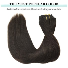 DOORES Clip-In Real Hair Extensions, Dark Brown, 40 cm, 16 Inches, 7 Pieces, 120 g, Remy Human Hair Extensions, Natural Real Hair Extensions, Thick Hair