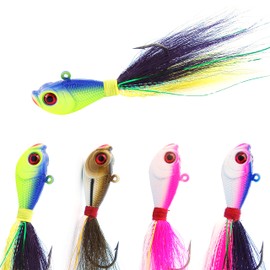 Bucktail Jig Saltwater Fishing Lures Fluke Fishing Lure Assorted Kit Bass Lifelike Head Jig Fishing Lure with Buck Tail Jig for Bass Walleye Crappie Striper 0.25 oz, 0.5oz, 1 oz, 1.5 oz, 2 oz
