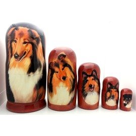 Collie Dog Nesting Dolls Russian Hand Carved Hand Painted 5 Piece Matryoshka Dog Set / 7" H