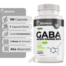 GABA 100% Puro (180 Cápsulas Para 180 Días) - | Acido Gamma Aminobutirico | Extremadamente Eficaz | Formulacion de Grado Farmaceutico | Absorcion Potenciada | Maxima Eficacia | Calidad Suprema | Suministro Para 180 Dias | Bioherb