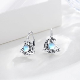 Celtic Moonstone Earrings 925 Sterling Silver Crescent Hoop Earrings Celtic Knot Triangle Vintage Leverback Earring Good Luck Irish Gifts for Women Mothers Day Gifts