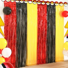 Cartoon Monster Birthday Party Decoration, 2 Pack Animation Themed Photo Booth Prop, Red Black Yellow Foil Fringe Curtains Tinsel Photo Streamers Backdrop for Cartoon Birthday Party Supplies